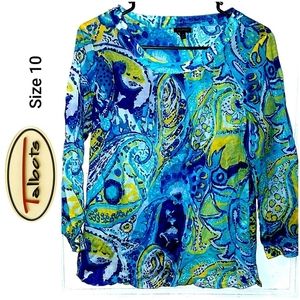 Talbots | long sleeve blouse | aqua paisley blue